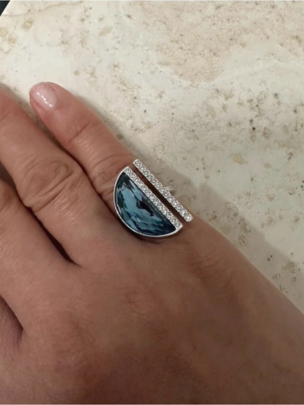 Swarovski Silver Ring with Teal Blue Crystal and Pavé Accents size 14 mm